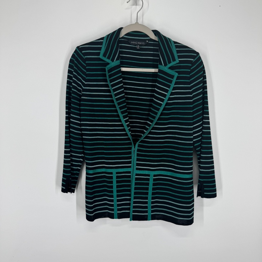 MING WANG Green Black Striped Career Knit Cardigan Jacket 3/4 Sleeves Sz S